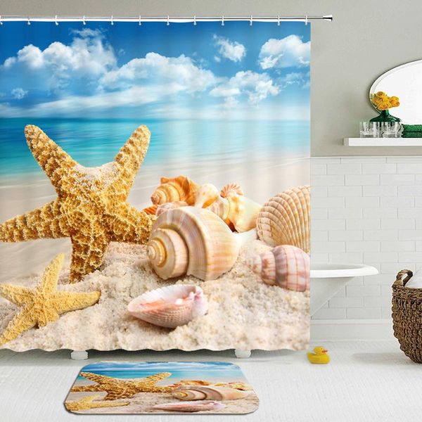 

2pcs/set sea beach shell scenery shower curtain set bathroom waterproof polyester cloth +non-slip mat toilet bathroom home decor