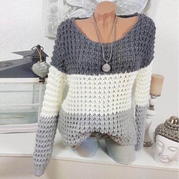 

европейская и американская женская мода плюс размер большие круглые шеи воротник с длинным рукавом контрастный свитер, White;black