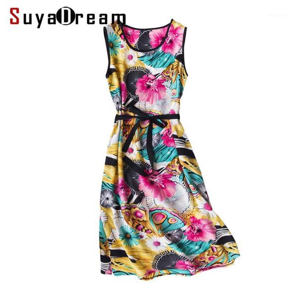 

suyadream women silk dress 100%silk crepe printed sash midi dresses for women summer sleeveless boho dress 2020 vestidos1, Black;gray