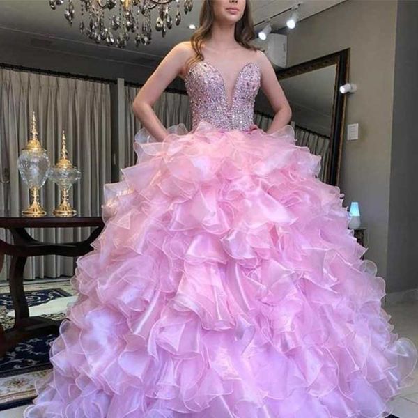 

ruffles tiered quinceanera dresses crystal beading sweetheart sleeveless ball gown prom dress organza party dress evening gowns, Blue;red