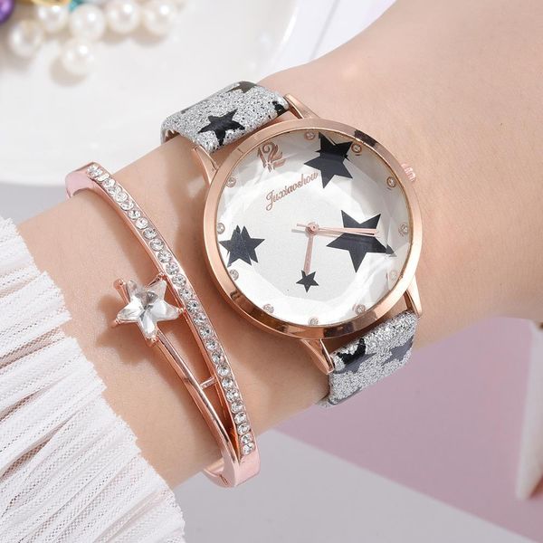 

2pcs set fashion watches for women pentagram rhinestones rose gold ladies watch bracelet female clock relogio feminino reloj, Slivery;brown