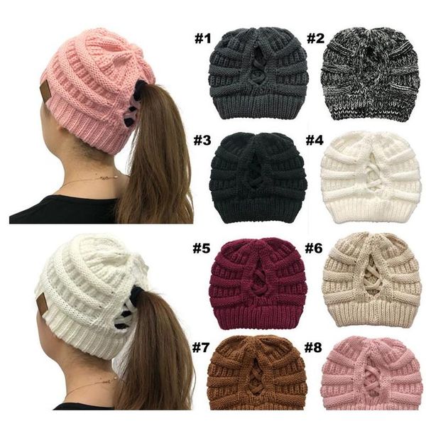 

new cross criss ponytail hat winter hats for women lady foldable horsetail cap warm branded knitted thick outdoor ski caps
