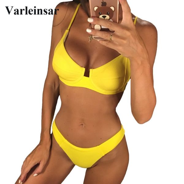 

4 color ribbed bikini 2019 female swimsuit women swimwear two-pieces bikini set underwire bra bather bathing suit swim lady v680, Black