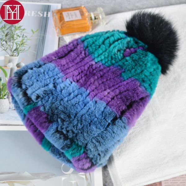 

knitted real fur pompom hats women elastic rex fur beanies caps winter genuine rex hat skullies1, Blue;gray