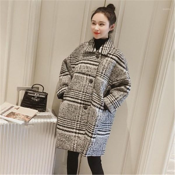 

women blend coat autumn winter turn-down collar long jacket coat fashion grid loose wool coats female plus size casual overcoat1, Black