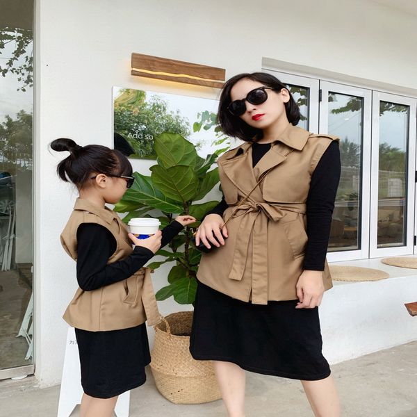 

2021 spring mother daughter matching outfits coffee vest + black long sleeve dress 2-piece sets british family clothes e1002, Blue