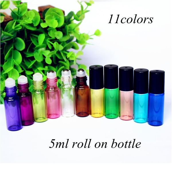 

5pcs/pack 5ml amber perfume glass bottle with glass/metal ball roller essential oil vials refillable perfume roll o qylexf