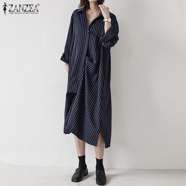 

2020 zanzea long shirts dress for women stripe print maxi dresses turn down collar summer sundress casual split hem pockets robe1, Black;gray