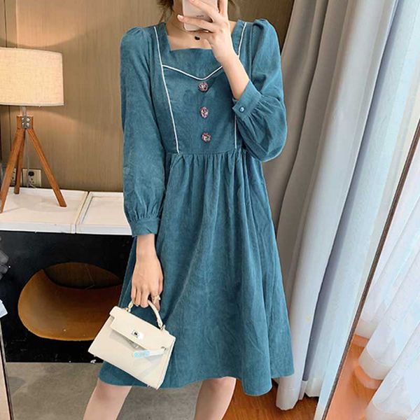 

casual dresses fashionable retro ladies warm dress women 2021 autumn and winter design temperament high waist slim square collar, Black;gray