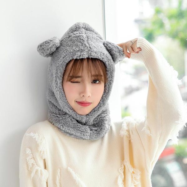 

scarf cap student women plus cashmere cap winter cute bear ears warm hat windproof neck, Blue;gray