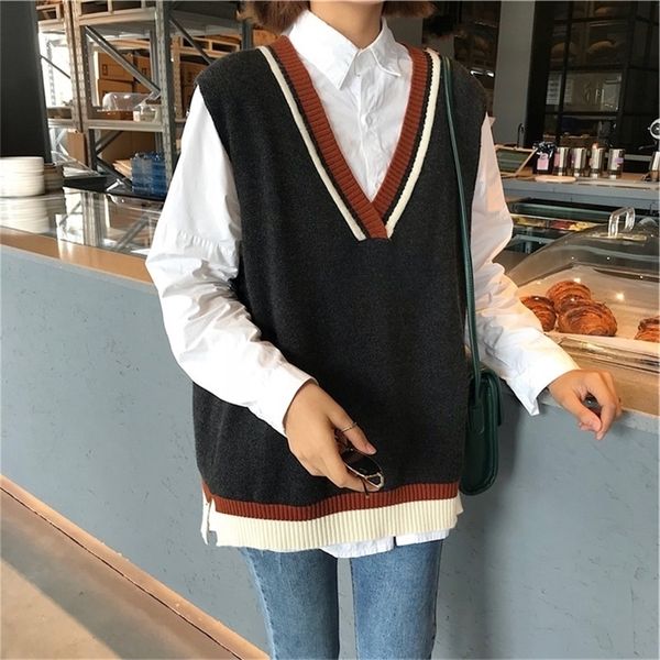 

early spring new school college wind color matching v-neck sweater women's head vest loose knit vest 201211, Black;white