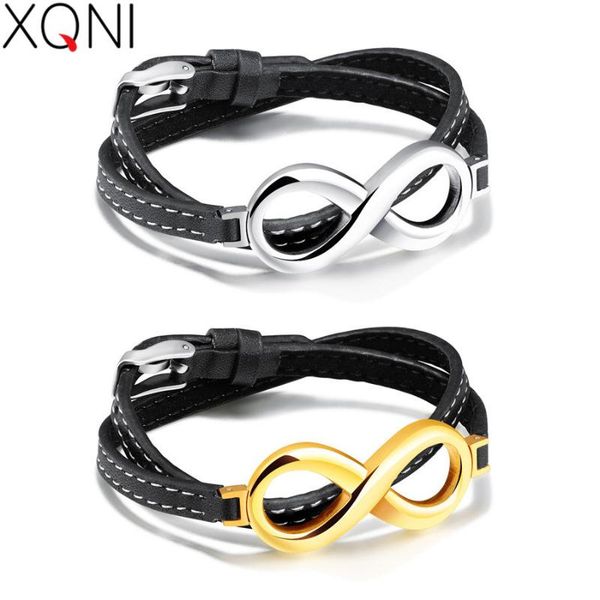 

charm bracelets xqni infinity leather for men 16-18cm long stainless steel gold/silver color cool male double layer wrap bracelet gift, Golden;silver