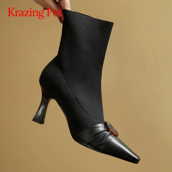 

krazing pot sock boots real leather knitting patchwork crystal pleated small square toe high heel slip on mature ankle boots l63, Black
