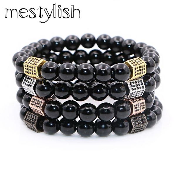 

charm bracelets mestylish black bead men bracelet onyx stone for women rectangle cubic cz zirconia pulseras mujer, Golden;silver