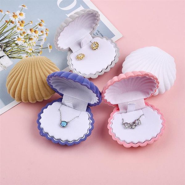 

5 color cute shell shape velvet jewelry box for wedding engagement ring earrings necklace bracelet display gift box holder, Pink;blue
