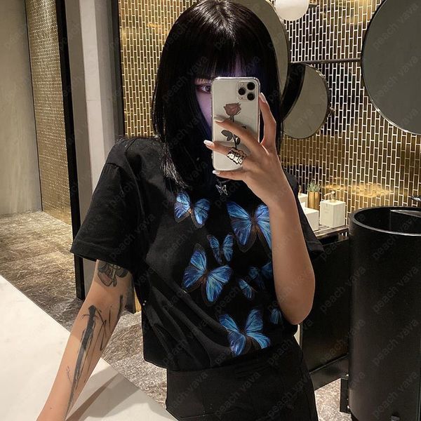 

new summer casual japanese female harajuku ulzzang short-sleeved loose dark t-shirt o-neck blue butterfly print retro chic, White