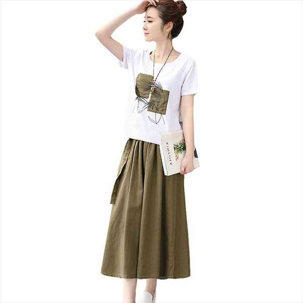 

summer women suit print short-sleeved cotton linen t-shirt linen long skirt two piece set clothes female skirt set re2485, Gray
