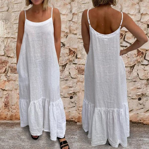 

celmia women vintage casual long maxi dress 2020 summer sundress spaghetti straps solid cotton linen party beach vestidos1, Black;gray
