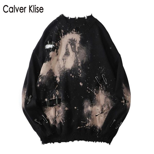 

men's sweaters calver klise tie dye pins distressed destroyed holes knitted jumpers hip hop knitwear wool punk rock pullover, White;black