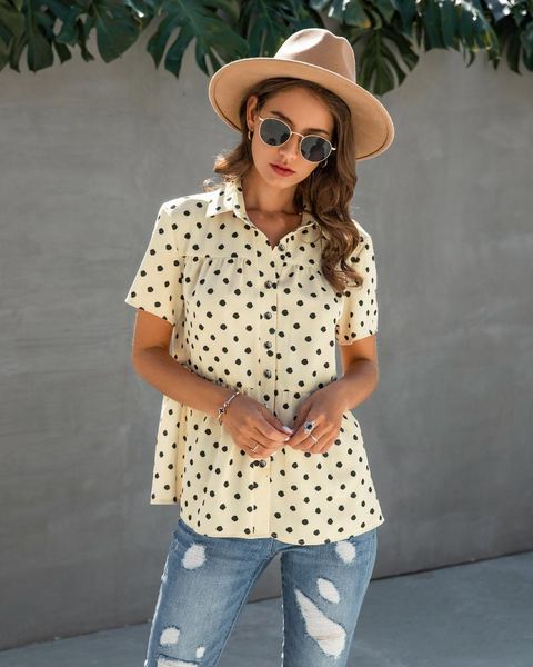 

women's blouses & shirts wixra womens blouse ladies dot print turn-down collar short sleeve 2021 summer casual, White