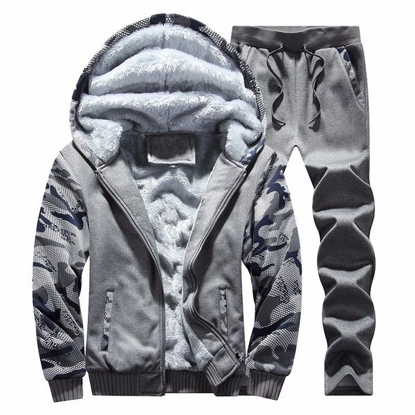 

2021 new male sport coat thick fleece suit strap winter jacket warm sweatshirt jogger clothes together yrex, Gray