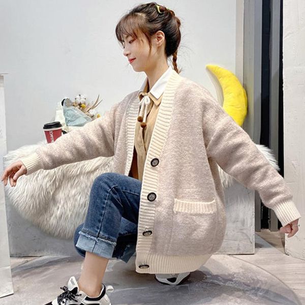 

2020 new autumn winter women sweater cardigan v neck fashion patchwork kintted female casual loose lazy style elegant, White