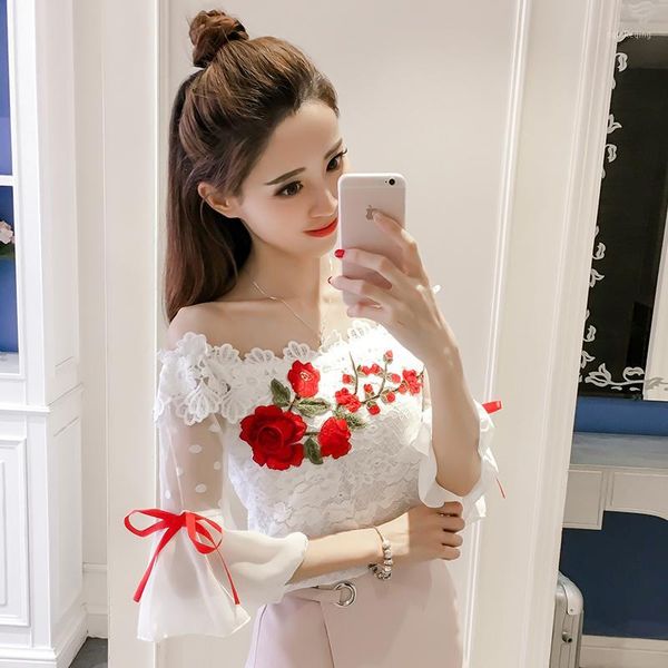 

new summer women shirt sweet floral lace blouse flare sleeve slash neck backless embroidery mesh blouses short blusas sf9221, White