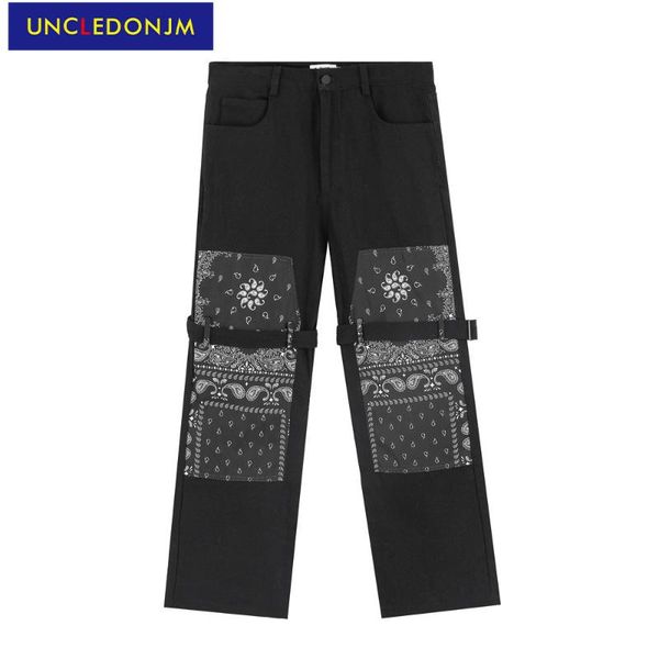 

uncledonjm 2021ss cashew flower patchwork loose straight pants men's casual pants harajuku hip hop motorcycle men t757, Black