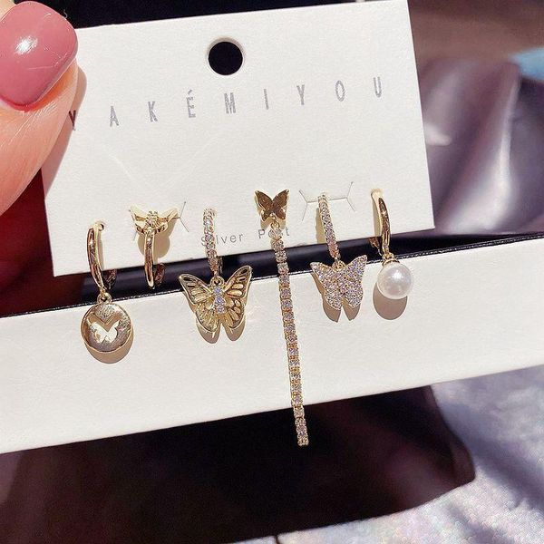 

migga 6pcs mix design cubic zirconia butterfly dangle earrings set gold color statement earrings for women, Silver