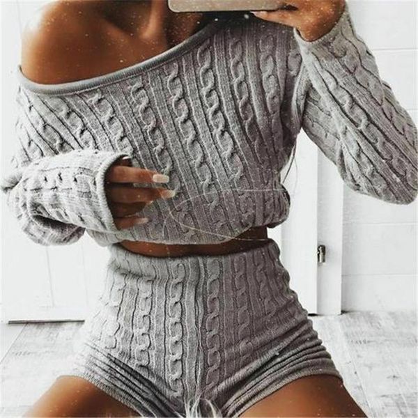 

new women cable knit crop lounge wear suit ladies co ord 2pcs tracksuit set sweater+short jumper knitwear winter 1, White