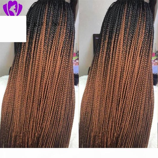 

stock fast shipping ombre brown synthetic lace front wig long box braids wigs for women two tone braided cosplay wig part, Black;brown