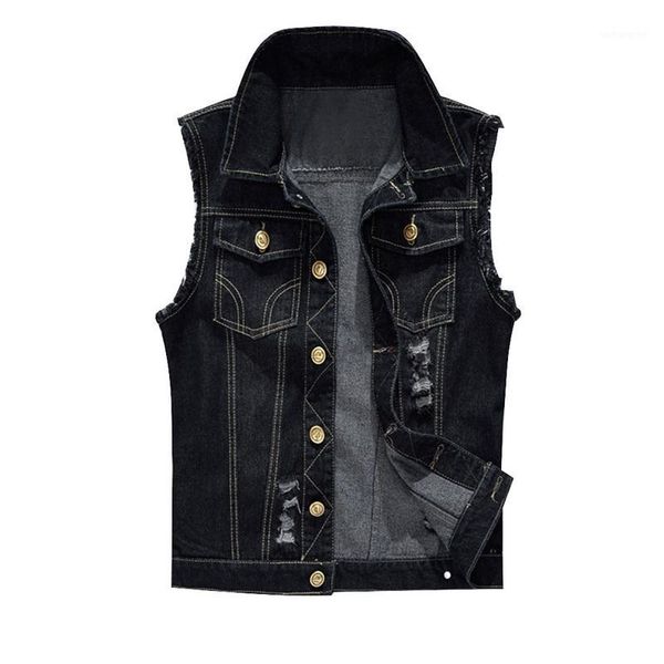 

adisputent cotton sleeveless jacket vest men plus size holed turn-down collar male cowboy outdoors waistcoat mens jean jackets1, Black;white
