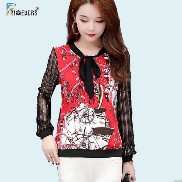 

women's blouses & shirts 2021 spring design women long sleeve patchwork sheer mesh lace black bow tie printed leopard blouse d130, White