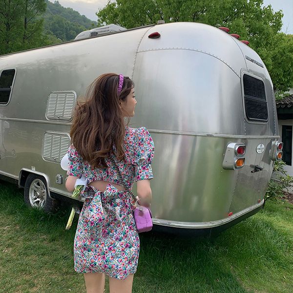 

2021 new puff sleeve floral korean hollow out women square collar mini dress spring new designer one-piece lady party y9d3, Black;gray