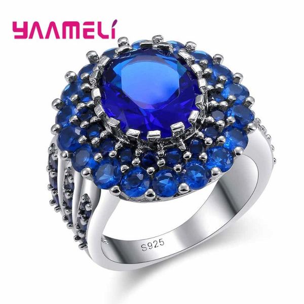 

cluster rings charming romantic blue flowers crystal stone 925 sterling silver cubic zirconia party jewelry for women's day, Golden;silver