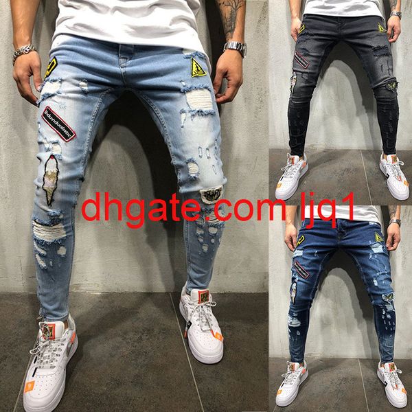 

men's hip-hop high-end tight slim hole leggings new men's badge slim jeans, Blue