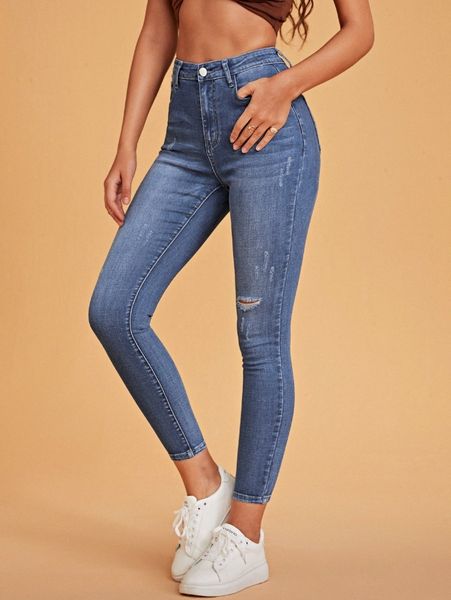 

ripped skinny zipper fly jeans r7va#, Blue