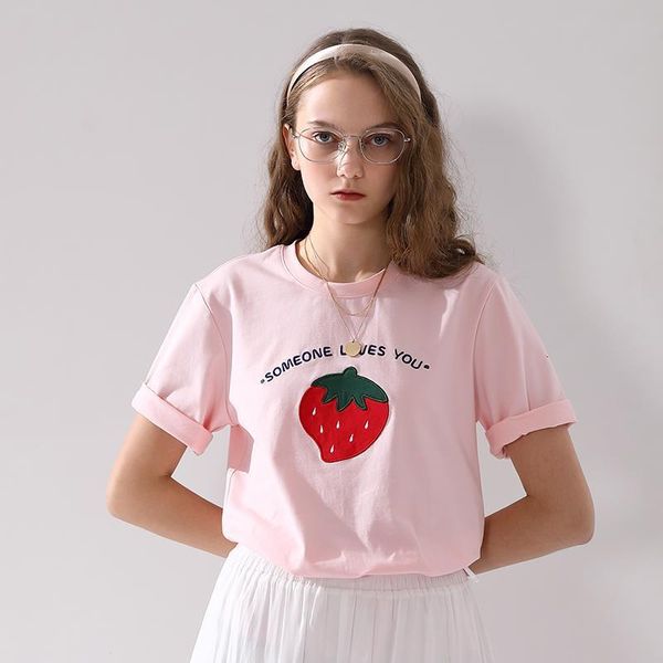 

2020 летних женщин клубника круглые шеи футболка с коротким рукавом белый розовый дна-футболка свободные тройники топы для женщин, White