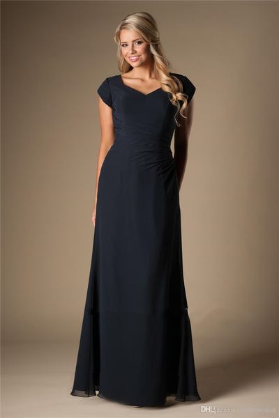 Dunkle navy blau einfache chiffon bescheidene brautjungfer kleider kurze ärmel lange boden billig billighochzeit kleider sommer nervoiren von ängst kleider