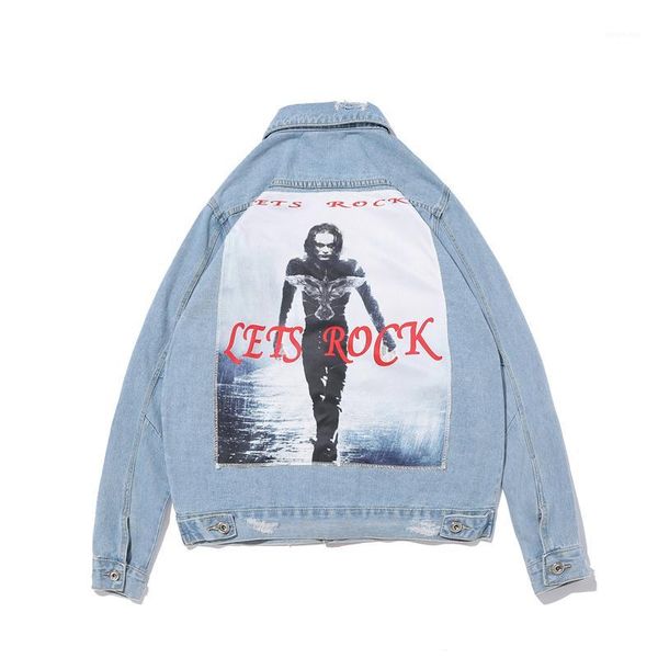 

character print blue denim jacket popular men's wear 2018 dark black high street hip-hop loose large size street holes m-xxl1, Black;brown