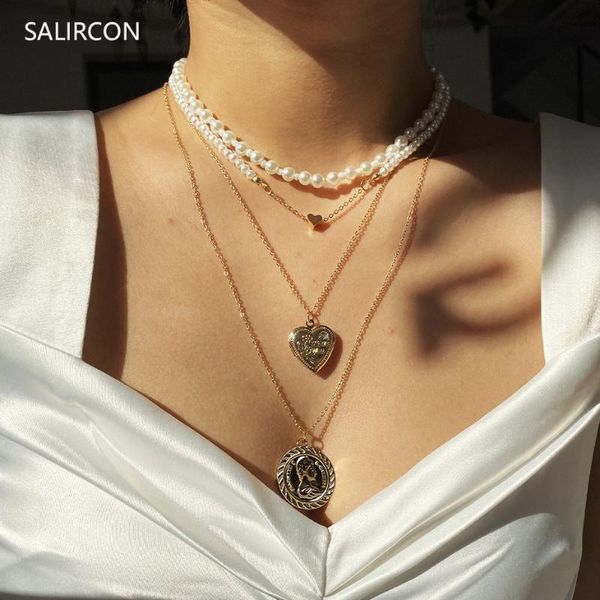 

salircon boho portrait coin love heart pendant necklace for women punk long imitation pearl choker necklace fashion jewelry 2020, Silver