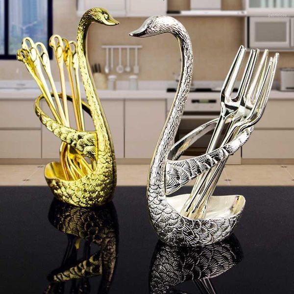 

stainless steel swan base holder with 3 dessert forks coffee spoons set tableware home decor swan base holder fruit forks set1