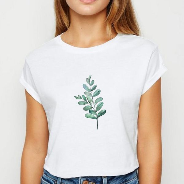 

leaves and cactus t shirt women trendy spring summer tshirt creative printing design tee shirt round collar t-shirts, White