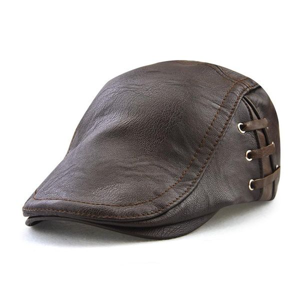 

jamont fashion pu leather caps windproof man beret bandage hat spring flat cap casquette warm side strap boina masculina h wmtgwn, Black;white