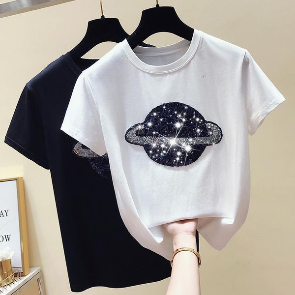 

cotton white tshirt women sequin fashion short sleeve vintage female t-shirt casual black tee shirt femme summer