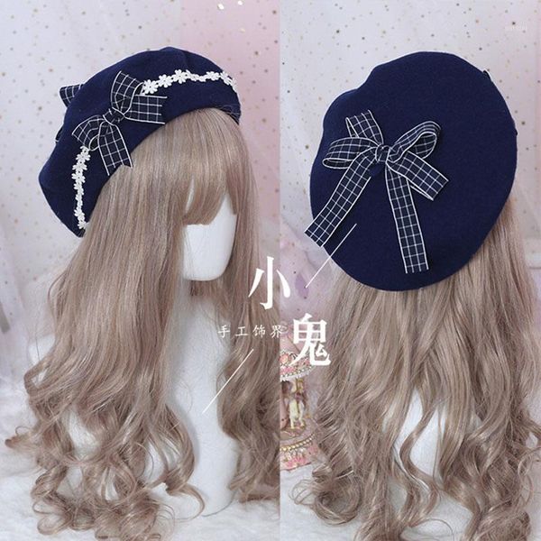 

beret hat lolita girl sweet cute female daisy bow hat1, Blue;gray