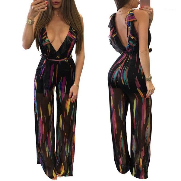 

chiffon sheer wide leg jumpsuit 2020 women v-neck backless ruffles split summer overalls print fashion romper belt1, Black;white