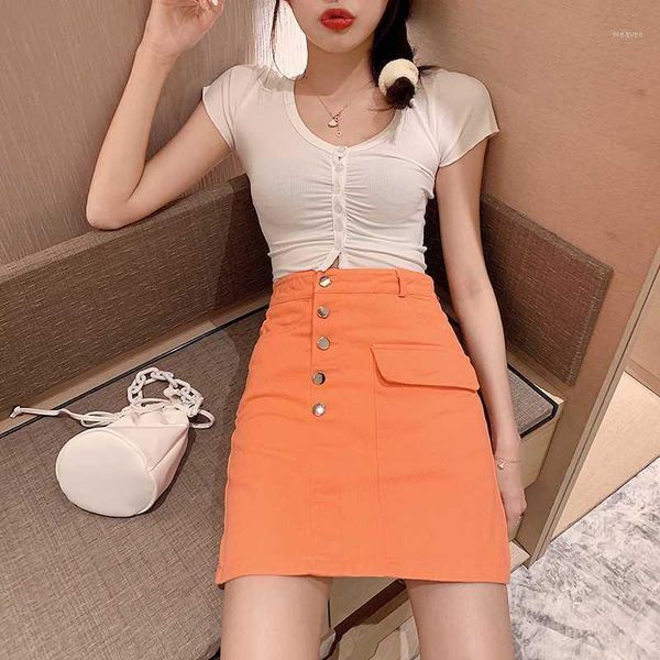 

coigarsam fashion women short high waist skirts orange denim skirt white blouse 36291, Black