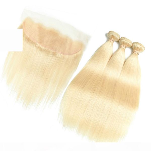 

blonde peruvian human hair straight bundles deals 3pcs with frontal closure #613 bleach blonde weave bundles with full lace closure 13x4, Black;brown