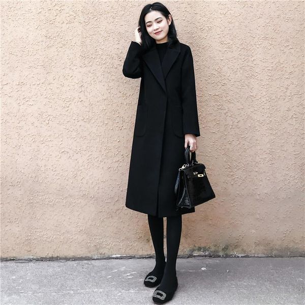 

2020 autumn winter plus size black woolen blended coat femlae korean loose turn-down collar pocket belt overcoat casaco feminino1